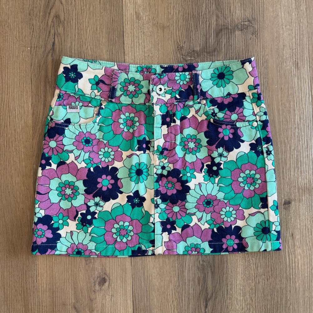 The Ragged Priest Floral Denim Mini Skirt Purple Teal Retro 70s Print Size 26